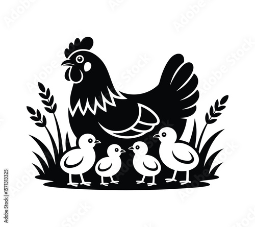 Hen and Baby Chicks in Grass, Black Vector Icon On White Background

