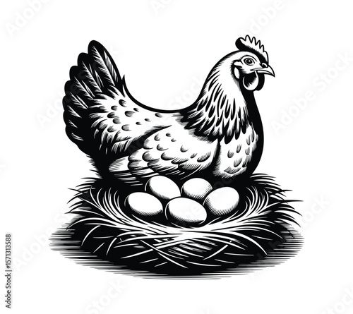 Hen on Nest with Eggs Silhouette for Farm Logo

