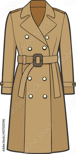 Tan trench coat with double breasted buttons and belted waist brown