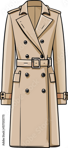 Classic beige trench coat with double breasted buttons and belt vector