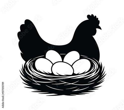 Black Hen and Nest Icon for Egg Packaging Designs

