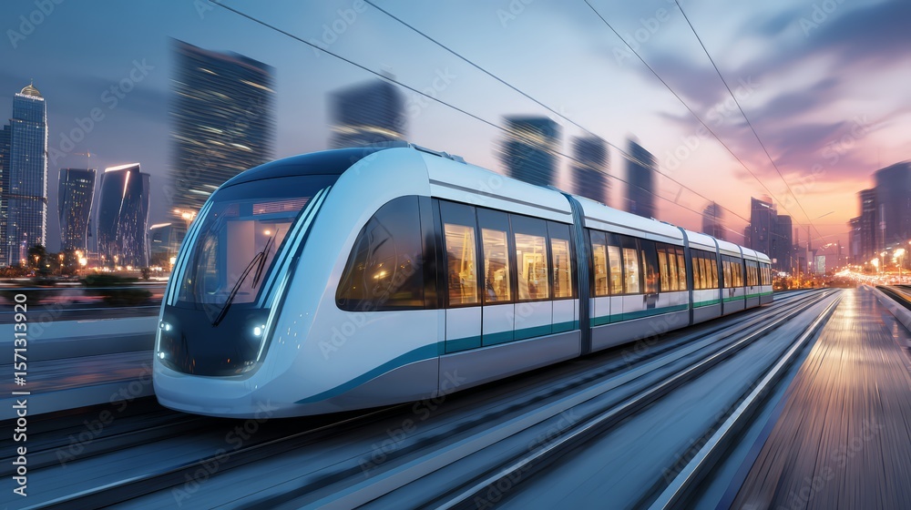 Fototapeta premium Futuristic train traveling on tracks in an urban setting during twilight.