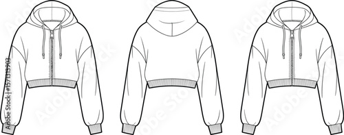 Cropped hoodie technical fashion flat sketch, zip up front view back view line drawing, CAD vector illustration template