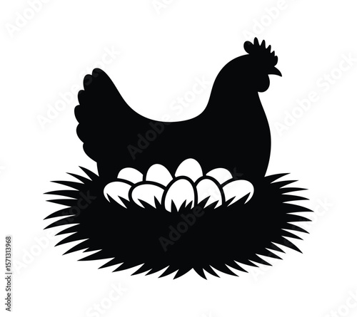 Chicken Sitting on Nest Vector for Egg Product Label


