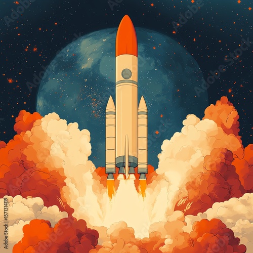 A rocket launches amid fiery orange clouds with a large moon and starry night sky in the background, capturing the excitement of space exploration.