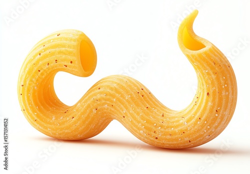 A close-up image of a single curved, ridged pasta piece, showcasing its texture and golden-yellow color on a white background.