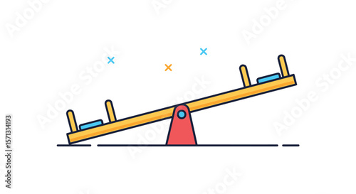 Children enjoying a wooden playground seesaw with bright blue seats and a red stand