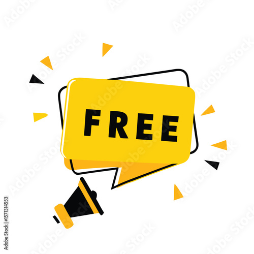 Yellow speech bubble with black text free and megaphone announcement communication