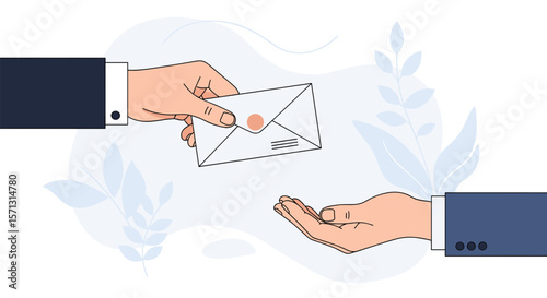 Business professionals exchange correspondence hand to hand delivering important communication safely and securely