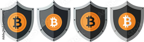 Flat Bitcoin Shield Vector Symbol for Secure Cryptocurrency and Blockchain Protection on White Background