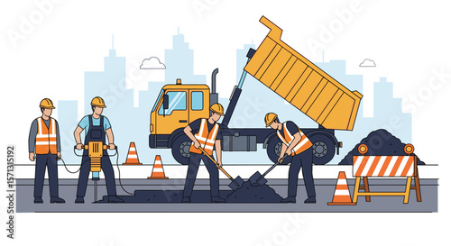 Road construction workers operating heavy machinery repairing asphalt pavement safely working together