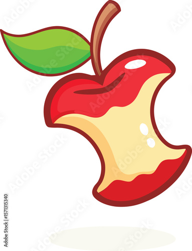 Red apple core with green leaf and brown stem vector