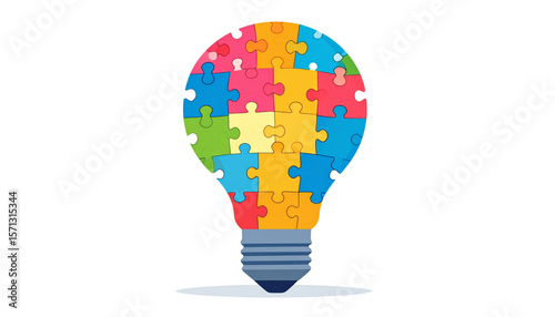 A colorful lightbulb composed of various puzzle pieces, symbolizing innovative ideas formed from diverse perspectives.