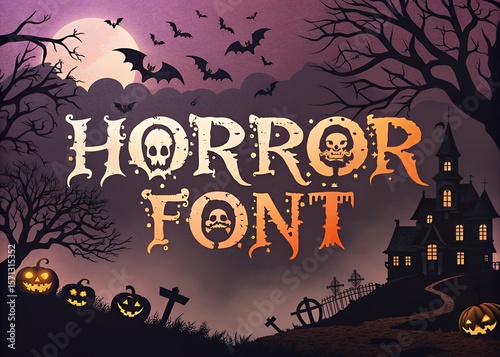 Spooky halloween scene with a haunted house glowing pumpkins bats and the words horror font in a creepy typeface