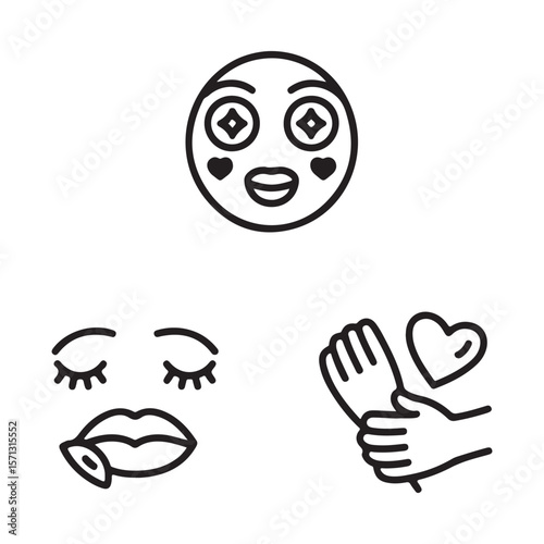 Black line art icons of face with eye patches lips and hands with heart eyes mouth