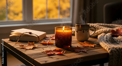 Wallpaper Mural A rich, emotionally warm composition capturing an autumn-inspired home scene centered around a lit amber-glass candle placed on a rustic reclaimed wood coffee table. Around the candle are scattered bu Torontodigital.ca