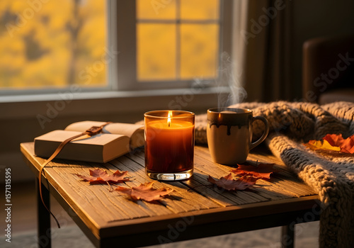 Wallpaper Mural A rich, emotionally warm composition capturing an autumn-inspired home scene centered around a lit amber-glass candle placed on a rustic reclaimed wood coffee table. Around the candle are scattered bu Torontodigital.ca