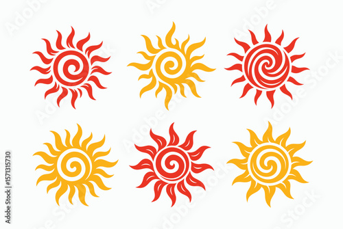 Set of stylized suns with spiral centers and flame-like rays