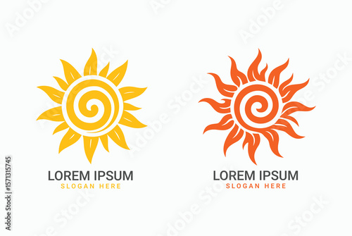 Set of stylized suns with spiral centers and flame-like rays