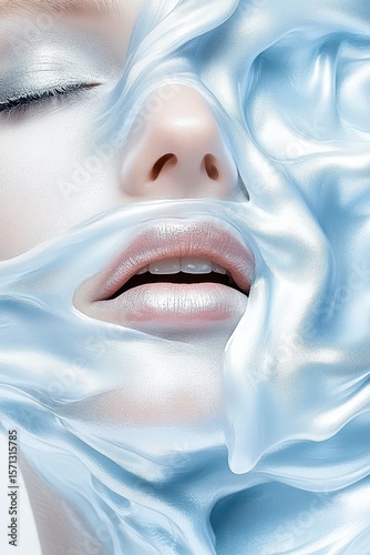 The Veil of Serenity: An ethereal portrait of a woman, her face partially veiled by flowing, luminous fabric, exuding an aura of tranquility and mystery.