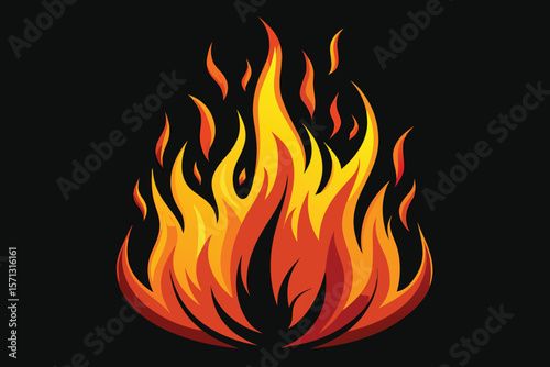 Burning fire flames on a black background, a vector illustration of hot, fiery orange and yellow heat design with a danger symbol