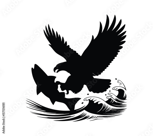 Bald Eagle Catching a Salmon, Vector Wildlife Illustration for Logos and Emblems
