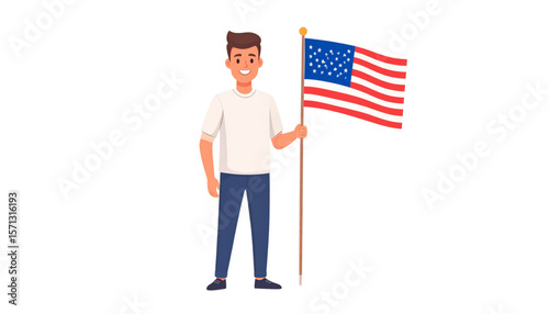 A smiling man holds a United States flag, celebrating patriotism.