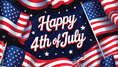 Happy 4th of July. United States Independence Day celebration banner with hand lettering and waving American national flag on blue background. Vector illustration.