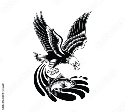 Eagle Fishing hunt Mascot , Powerful Bird Grabbing Fish in Water Splash Illustration