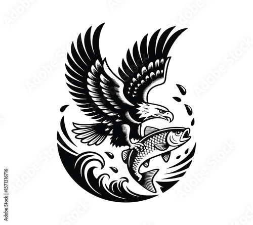 Fishing Eagle Mascot , Powerful Bird Grabbing Fish hunting in Water Splash Illustration

