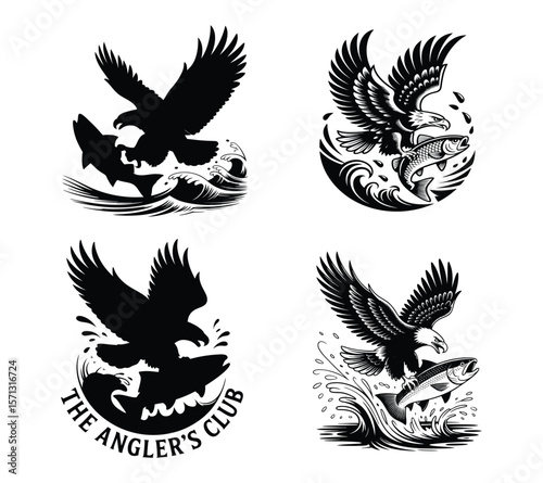 Bald Eagle Fish hunting Salmon,  Monochrome Wildlife Vector for Logos and Emblems