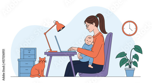Mother working on laptop while holding baby in her lap at desk with cat and plant