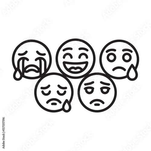 Five Emoticons Showing Different Emotions Happiness Sadness Crying emoji face
