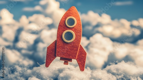 Colorful Wooden Rocket Toy Launching Into Clouds Above Landscape