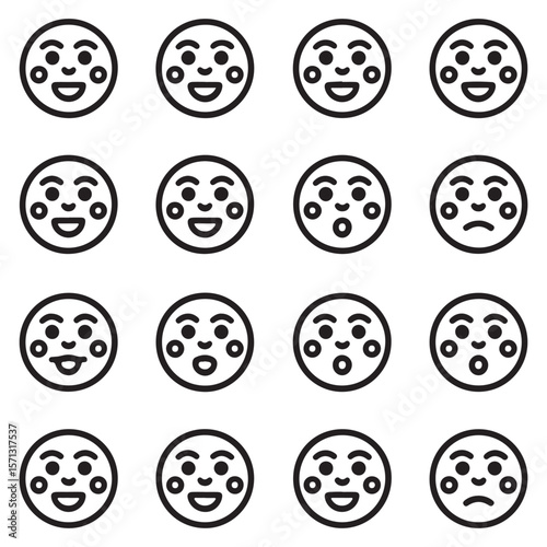 Four rows of emoji faces with happy surprised and sad expressions emoticon