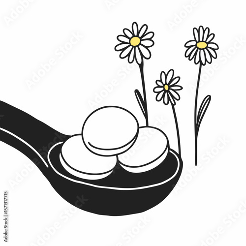 Chamomile tablets on a spoon with chamomile flowers a natural remedy illustration