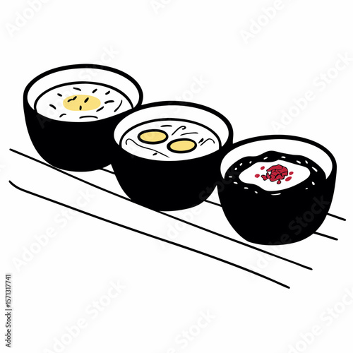 Three bowls of soup with different toppings served on chopsticks illustration