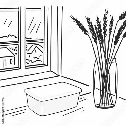 Simple Line Drawing of a Window with a View Tub and Wheat Stalks