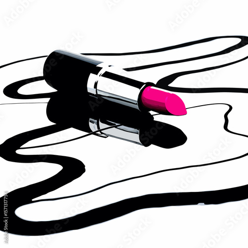 Bold Pink Lipstick on White Surface with Black Ink Lines Beauty and Glamour