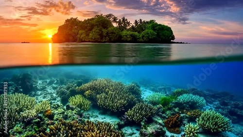 A vibrant underwater scene with coral and a sunset over an island.