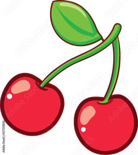 Red cherries with green leaf and stems cherry fruit