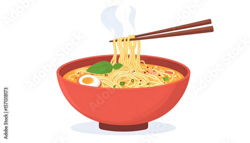 Illustration of a bowl of ramen with chopsticks holding noodles, steam rising, egg, and garnish.