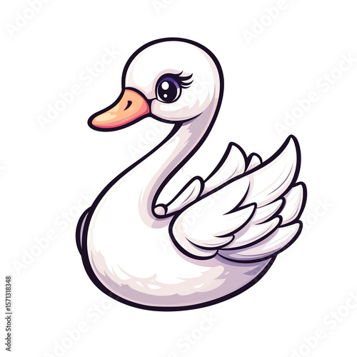 Fototapeta Naklejka Na Ścianę i Meble -  Adorable Cartoon Swan Illustration:  Perfect for Children's Books, Greeting Cards, and Apparel Designs.  Features a Cute, Stylized White Swan with Big Eyes and a Friendly Expression.