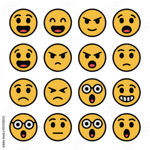 Sixteen Yellow Emoji Faces Showing Different Emotions And Expressions vector