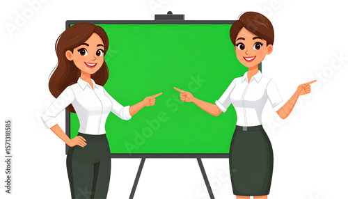 Two cartoon women in business attire point towards a green screen on a presentation board.