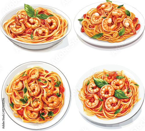 Delicious Shrimp Linguine Pasta With Tomato Sauce vector style on white background