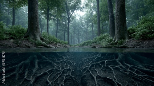 Giant glowing trees with bioluminescent roots by a serene lake at sunrise in a mystical forest setting