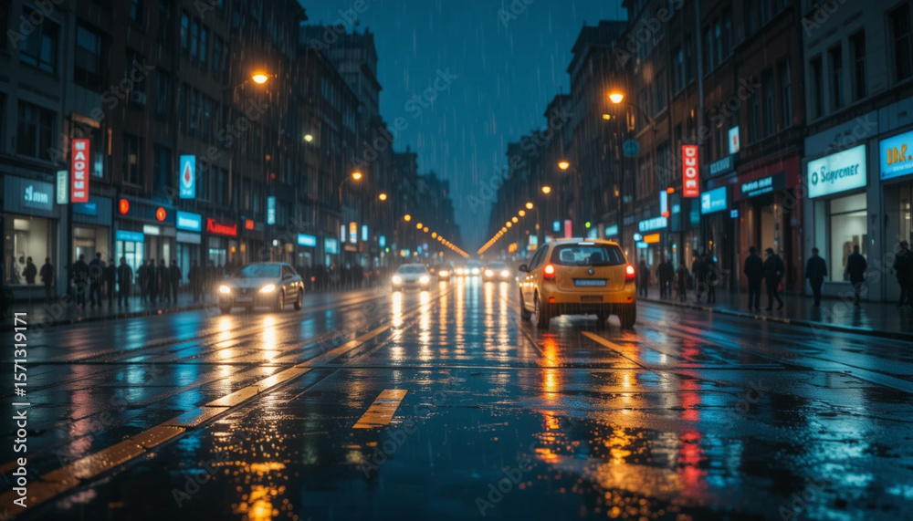 Fototapeta premium Rainy City Night: A glistening city street reflects the vibrant lights and bustling energy of urban life during a rain-soaked night.