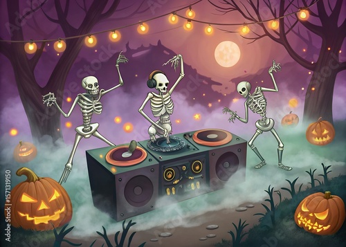 Three dancing skeletons with headphones and turntables celebrate halloween under a full moon and string lights