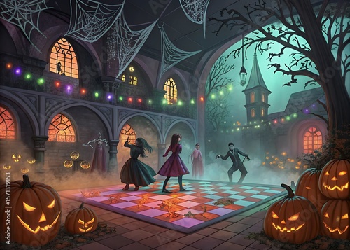 Spooky halloween party in a haunted castle with dancing figures jack o lanterns cobwebs and eerie lights